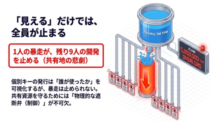 共有Foundryリソース（5,000,000 TPM）を10人で共有し、1人の暴走でOVERLOADして全員が止まる「共有地の悲劇」を表した図解